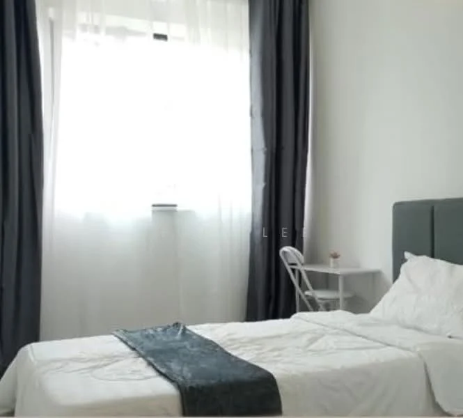 Bedroom features: queen-size bed, upholstered headboard, white bedding, grey throw blanket, white walls, floor-to-ceiling window, sheer white curtains, dark grey curtains, small bedside table, white chair; style: modern.