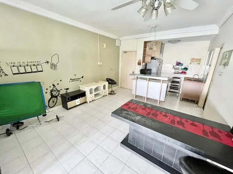 Living features: white painted walls, tile flooring, ceiling fan, recessed downlights, black countertop with red accent, open layout to kitchen, green chalkboard, storage cabinets, kitchen island, appliances visible in kitchen area; style: modern.
