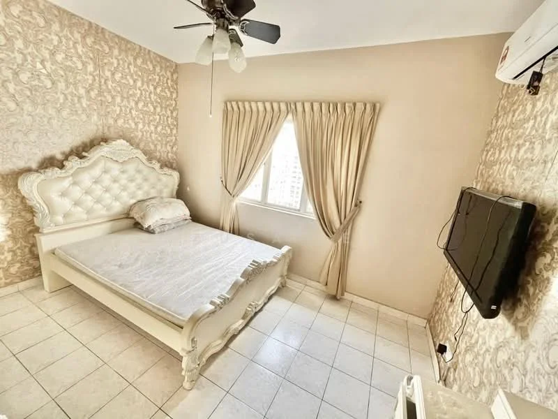 Bedroom features: queen-size bed with upholstered headboard, cream bed frame, white bedding, wall-mounted TV, ceiling fan with light, beige painted walls, textured wallpaper, curtains in beige, floor-to-ceiling window, tile flooring; style: modern; view: city.