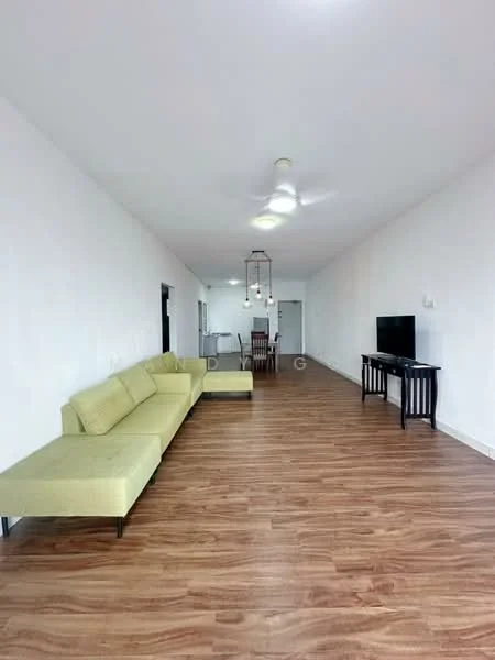 Living features: green fabric L-shape sectional sofa, wooden flooring, white painted walls, ceiling fan with light, wall-mounted TV, black console table, dining area visible in background, recessed lighting; style: modern.