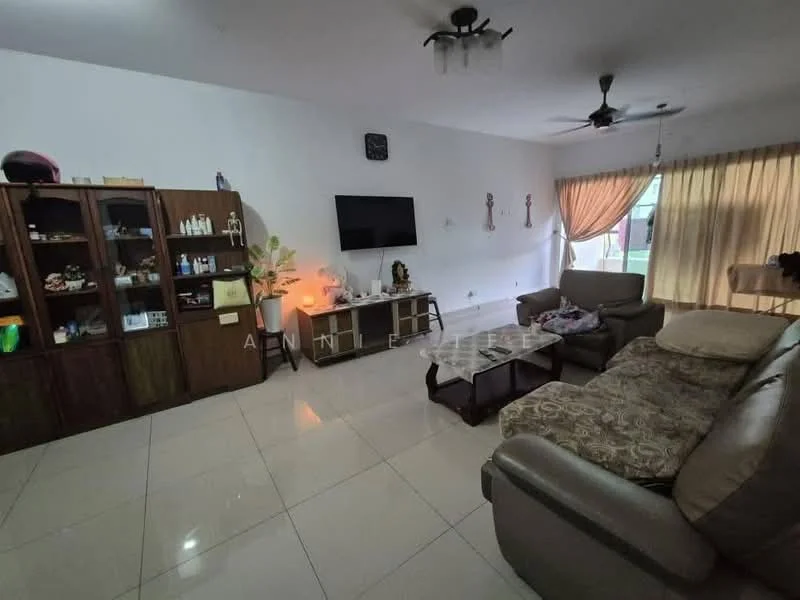 Living features: cream painted walls, white ceiling, 5-blade ceiling fan with light, large window with sheer curtains, brown leather sofa, coffee table with glass top, wooden TV console, wall-mounted TV, decorative wall art, tile flooring, potted plant, curtains in beige, side table with decorative items; style: contemporary; view: garden.