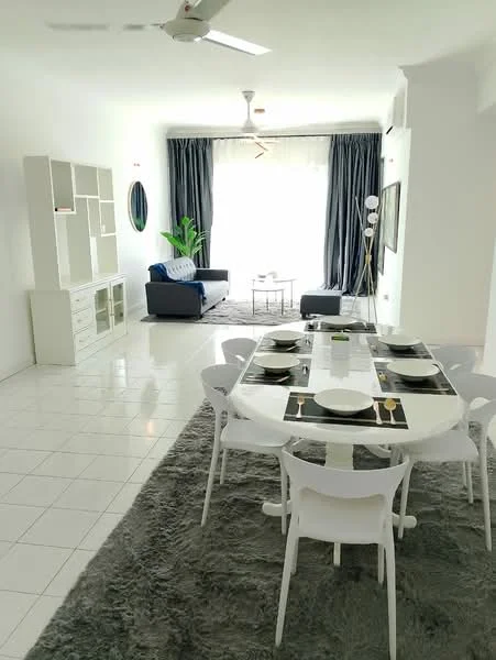 Dining features: round dining table, white dining chairs, table setting with plates and cutlery, grey area rug, white walls, large window with sheer curtains, ceiling fan with light, decorative plant in corner; style: modern. Living features: blue fabric sofa, coffee table, floor lamp, wall-mounted mirror, large window with dark curtains, white walls, tile flooring; style: modern.