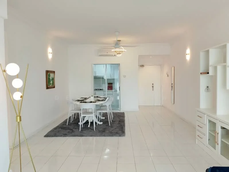 Living features: white painted walls, glossy white tile flooring, 5-blade ceiling fan with light, recessed downlights, dining table with white chairs, area rug with grey color, wall-mounted TV console, decorative wall art, sliding glass door leading to kitchen, open layout; style: modern.