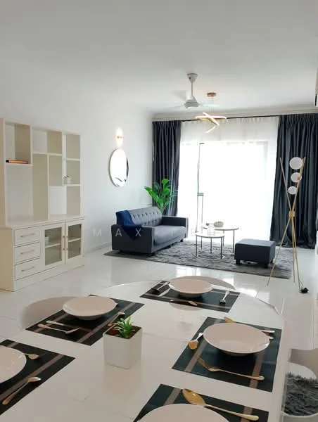 Living features: grey fabric sofa, coffee table, area rug, floor-to-ceiling windows, black accent chair, ceiling fan with light, decorative mirror, potted plant, wall-mounted shelving unit, curtains, wall sconce; style: modern; view: garden. Dining features: 6-seater dining table, white plates, gold cutlery, black placemats, small potted plant; style: modern.