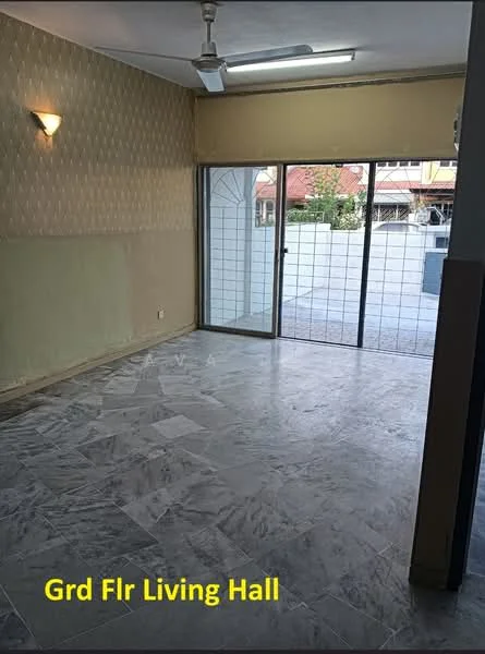 Living features: marble tile flooring, cream painted walls, wall sconce lighting, sliding glass door, floor-to-ceiling windows, view of outdoor area, textured wall with geometric pattern, ceiling fan; style: modern; view: garden.