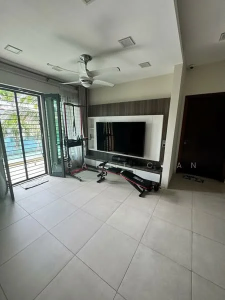 Living features: floor-to-ceiling windows, sliding glass door, 5-blade ceiling fan with light, wall-mounted TV, TV console, light-colored tile flooring, wood panel accent wall, decorative shelving unit, exercise equipment, natural light from windows, curtains, open layout; style: modern; view: garden.