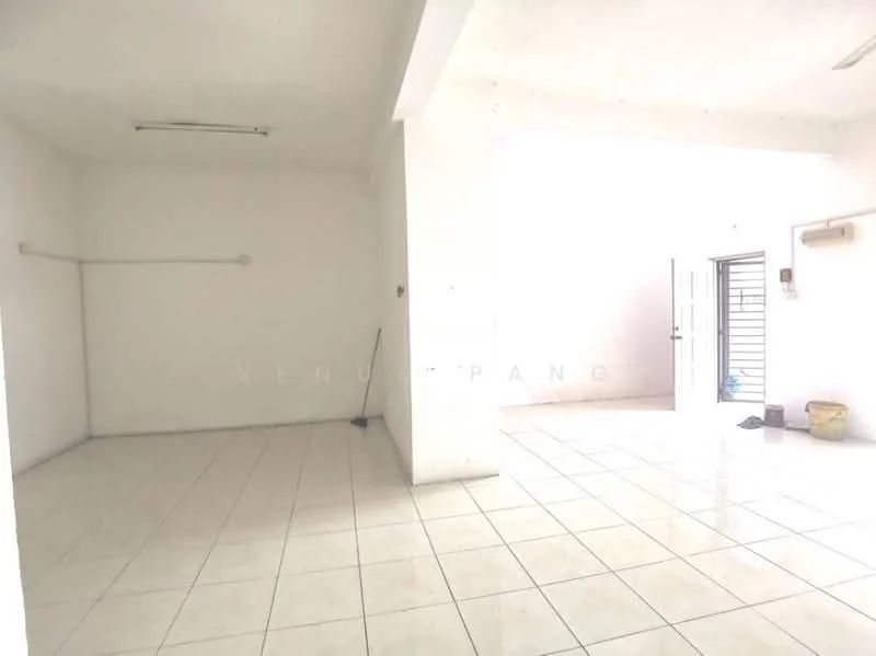 Room features: white painted walls, glossy white floor tiles, ceiling lights, open layout, large windows, doorway leading outside, clean and minimalistic design, no visible furniture; style: minimalist.