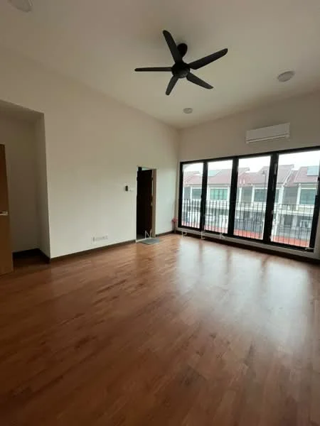 Room features: wooden flooring, white painted walls, 5-blade ceiling fan, floor-to-ceiling windows, sliding glass door, balcony access, air conditioning unit, door leading to hallway; style: modern.