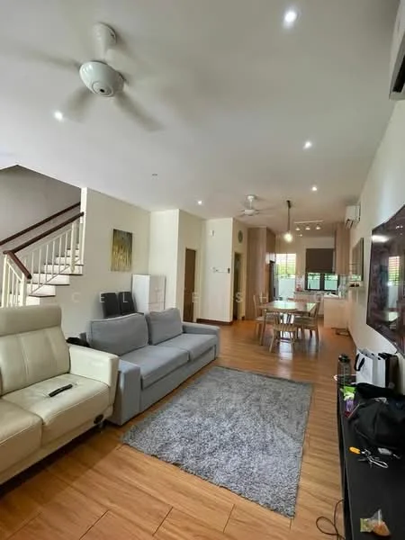 Living features: 3-seater fabric sofa in grey, 2-seater leather sofa in cream, area rug with geometric pattern, wall-mounted TV, TV console, ceiling fan with light, recessed downlights, wooden flooring, large windows for natural light, open-plan layout with dining area visible; style: modern. Dining features: 6-seater dining table, upholstered dining chairs, natural light from windows, wooden flooring; style: modern.