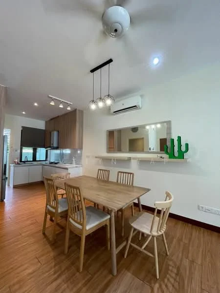 Dining features: wooden dining table, 4 wooden dining chairs, pendant light fixture with 3 bulbs, wall-mounted mirror, green decorative cactus, air conditioning unit, laminate flooring, white painted walls, kitchen area visible in background; style: modern.