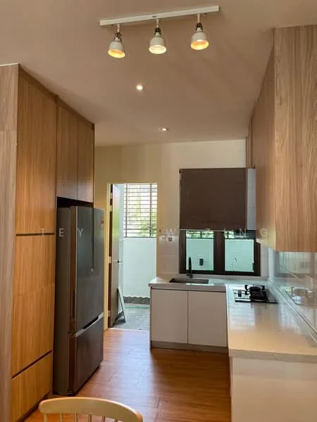 Kitchen features: wood cabinetry, white countertop, stainless-steel fridge, built-in gas hob, single-bowl stainless-steel sink, chrome pull-down faucet, window with view to outside, track lighting, laminate flooring, door leading to outside; style: modern.