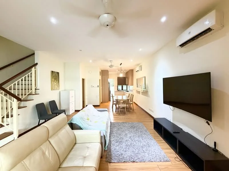 Living features: 3-seater leather sofa in cream, area rug with geometric pattern, wall-mounted TV, TV console in black, 5-blade ceiling fan with light, recessed LED downlights, wooden flooring, large window with natural light, decorative wall art, open layout to dining area, air conditioning unit on wall; style: modern. Dining features: 4-seater dining table in wood, upholstered dining chairs, open layout to living area, natural light from window, minimalist decor; style: modern.