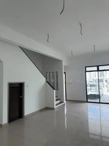 Room features: white painted walls, polished tile flooring, staircase with black railing, large windows with natural light, high ceiling, open layout, doorway leading to outdoor area, built-in storage closet; style: modern.