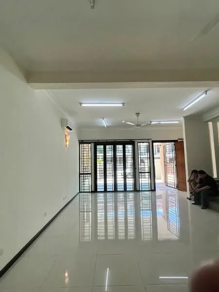 Living features: white painted walls, glossy ceramic tile flooring, recessed LED downlights, 5-blade ceiling fan, floor-to-ceiling windows, sliding glass door, air conditioning unit, open layout, natural light, neutral color scheme; style: modern; view: garden.