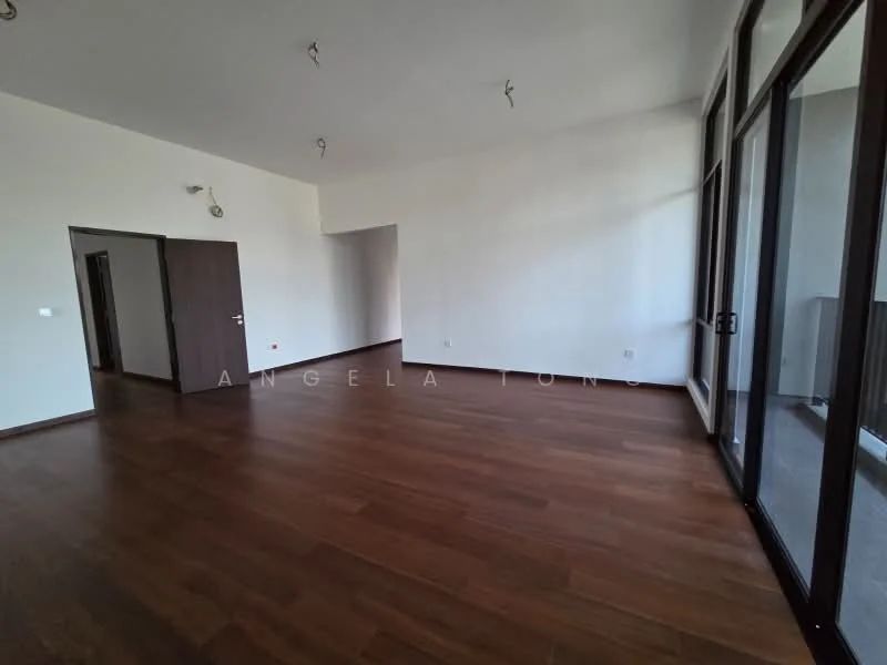 Living features: wooden flooring, white painted walls, large floor-to-ceiling windows, recessed downlights, open layout, doorway leading to another room, natural light, neutral color scheme; style: modern.