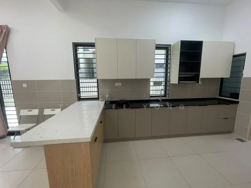 Kitchen features: white quartz countertop, laminate cabinetry in beige, upper cabinets with glass fronts, stainless-steel sink, chrome pull-down faucet, tile backsplash, ceramic tile flooring, large windows for natural light, open layout, island counter with seating, recessed lighting; style: modern.