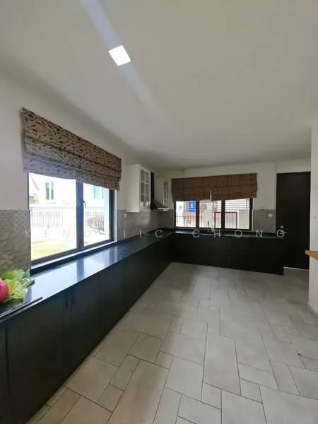 Kitchen features: black granite countertop, dark cabinetry, tile backsplash, large window with view, roller blinds, ceramic tile flooring, recessed ceiling lights, open layout, kitchen island, sink area; style: modern; view: garden.