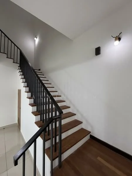 Room features: wooden staircase with metal railing, white painted walls, recessed lighting, tile flooring, wood flooring on stairs, wall-mounted light fixtures; style: modern.