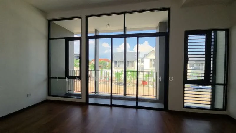 Room features: floor-to-ceiling windows, sliding glass door, black window frames, wooden flooring, white painted walls, balcony view, louvered windows, natural light; style: modern; view: garden.
