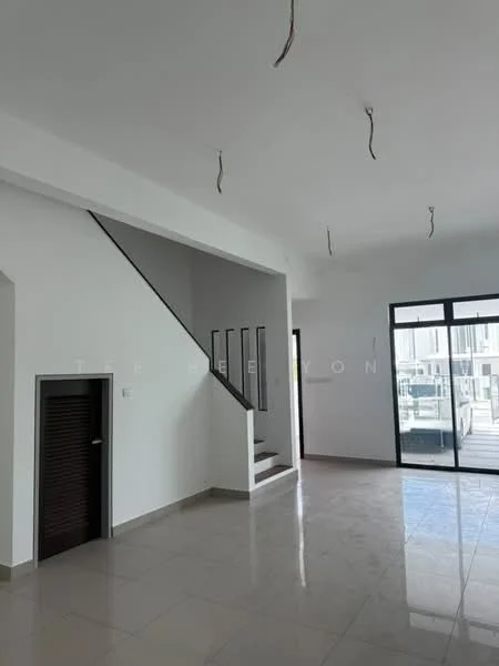Room features: white painted walls, marble tile flooring, staircase with black railing, large windows, open layout, high ceiling, unfurnished space, doorway leading to another area; style: modern.