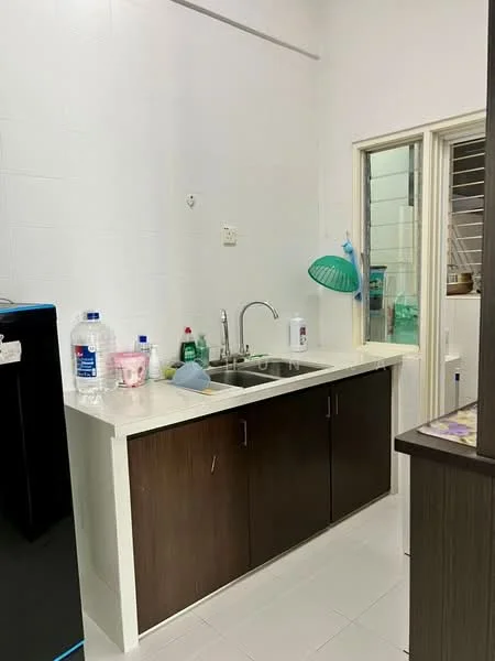 Kitchen features: single-bowl stainless-steel sink, chrome pull-down faucet, white countertop, dark wood cabinetry, white tiled walls, white tiled flooring, window with security bars, plastic dish rack, bottled water, cleaning supplies, kitchen utensils; style: modern.