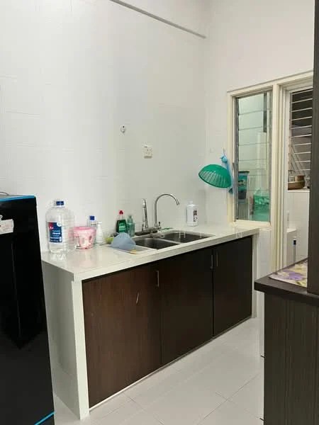 Kitchen features: single-bowl stainless-steel sink, chrome pull-down faucet, white countertop, dark wood cabinetry, white tiled walls, white tiled flooring, window with metal grille, plastic dish rack, bottled water, cleaning supplies, dish soap, cup, green colander; style: modern.
