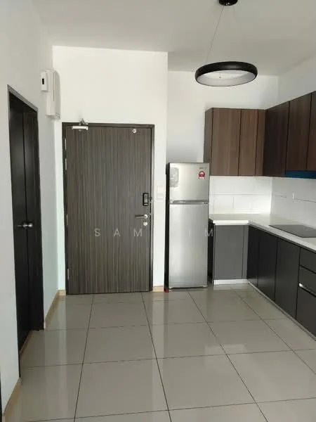 Kitchen features: grey cabinetry, white countertop, stainless-steel fridge, ceramic tile flooring, white tiled backsplash, single-bowl stainless-steel sink, chrome pull-down faucet, recessed downlights, wall-mounted split AC, door leading to hallway; style: modern.
