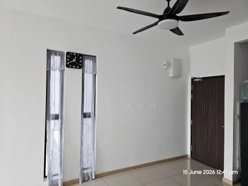 Room features: white painted walls, cream tiled flooring, 5-blade ceiling fan with light, two vertical windows with sheer curtains, wooden door, wall-mounted speaker, clock on wall; style: modern.