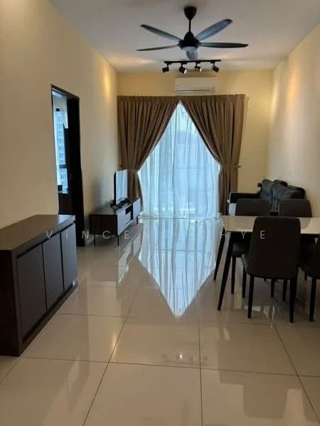 Living features: cream painted walls, glossy tile flooring, 5-blade ceiling fan with light, floor-to-ceiling windows, sheer curtains, dark wooden sideboard, wall-mounted TV, dining table with chairs, upholstered dining chairs, natural light from window; style: modern; view: city.