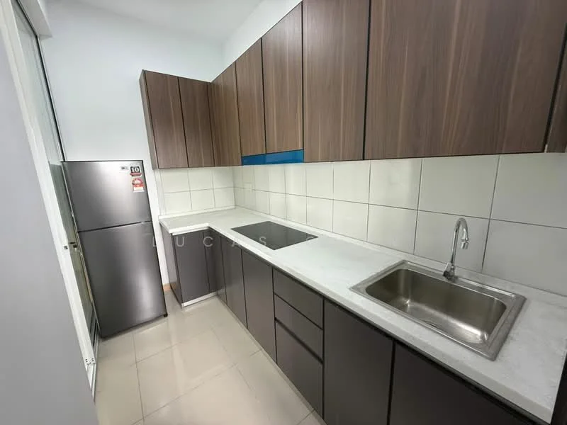 Kitchen features: brown wooden cabinetry, white quartz countertop, stainless-steel single-bowl sink, chrome pull-down faucet, white tiled backsplash, grey ceramic tile flooring, stainless-steel fridge, under-cabinet lighting; style: modern.