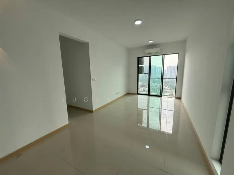 Living features: white painted walls, glossy tile flooring, floor-to-ceiling windows, sliding glass door, recessed downlights, 1 wall-mounted split AC, city view; style: modern; view: city.