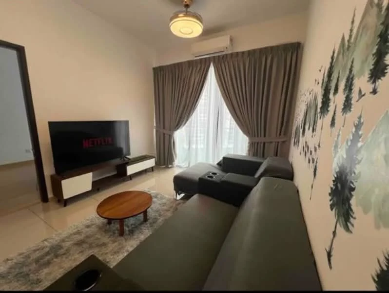 Living features: 3-seater fabric sofa in dark grey, 2-seater fabric sofa in dark grey, round wooden coffee table, TV console with storage, wall-mounted TV, floor-to-ceiling windows, sheer curtains, dark grey curtains, recessed downlights, area rug with soft texture, decorative wall mural with trees, air conditioning unit; style: modern; view: city.