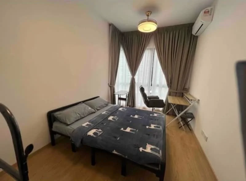 Bedroom features: queen-size bed, upholstered headboard, bedside table, desk with chair, floor-to-ceiling windows, sheer curtains, wooden flooring, wall-mounted split AC, chandelier, decorative wall, neutral wall color; style: modern.