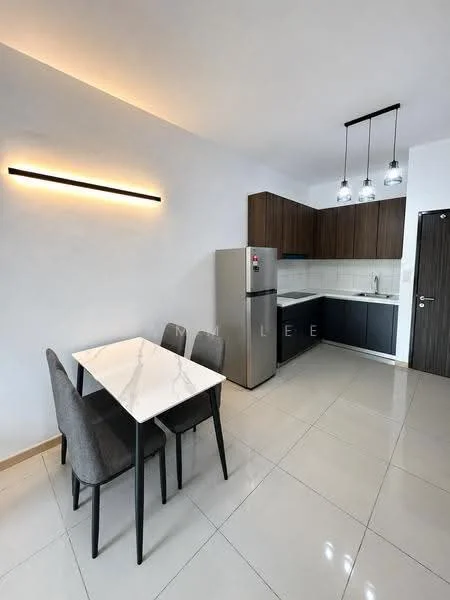 Kitchen features: white walls, glossy tile flooring, dark wood cabinetry, white countertop with veining, stainless-steel fridge, built-in oven, 4-burner gas hob, single-bowl stainless-steel sink, chrome pull-down faucet, pendant lighting with multiple bulbs, dining table for four, upholstered dining chairs in grey; style: modern.