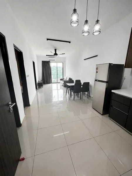 Living features: white painted walls, polished ceramic tile flooring, 5-blade ceiling fan with light, recessed downlights, sliding glass door, floor-to-ceiling windows, grey dining table with four chairs, stainless-steel fridge, white cabinetry, kitchen countertop, curtains, sofa, decorative plants; style: modern; view: garden.