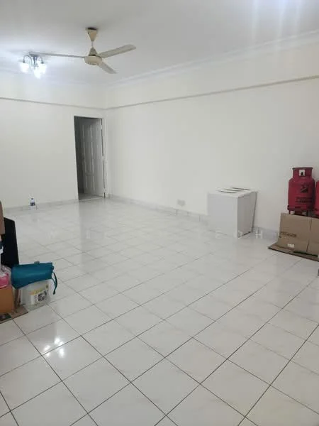 Room features: white painted walls, glossy white tile flooring, ceiling fan, recessed ceiling lights, empty space, doorway leading to another room, boxes and packing materials, gas cylinder, white cabinet, cardboard boxes; style: minimalist.