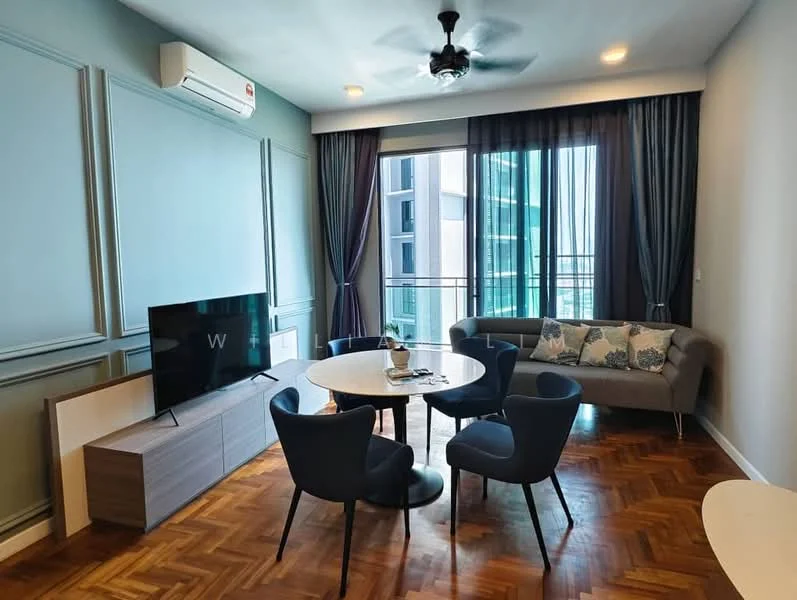 Living features: sofa in grey fabric, round dining table, 4 upholstered dining chairs, TV console, wall-mounted TV, ceiling fan with light, floor-to-ceiling windows, curtains in dark grey, wooden flooring, decorative cushions on sofa, wall paneling in light blue, air conditioning unit; style: modern; view: city.