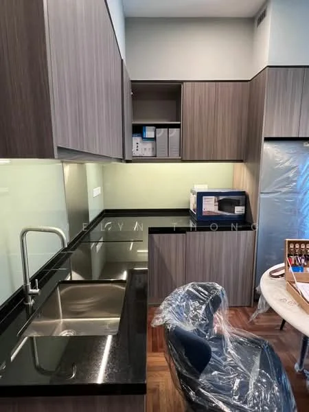 Kitchen features: single-bowl stainless-steel sink, chrome pull-down faucet, black granite countertop, wood cabinetry in dark finish, glass backsplash, built-in microwave, refrigerator, open shelving, wooden flooring, under-cabinet lighting; style: modern.