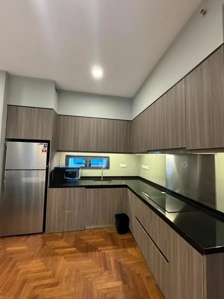 Kitchen features: stainless-steel fridge, black granite countertop, wood cabinetry with horizontal lines, single-bowl stainless-steel sink, chrome pull-down faucet, built-in microwave, under-cabinet lighting, herringbone patterned wood flooring, wall-mounted cabinets, window above sink; style: modern.