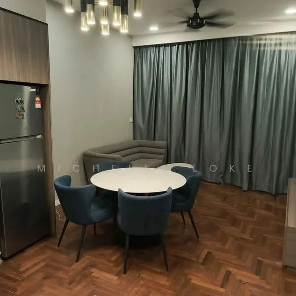 Dining features: round dining table, 4 upholstered dining chairs in blue, grey curtains, wooden flooring, ceiling fan, pendant lighting, refrigerator, sofa in grey fabric; style: modern.