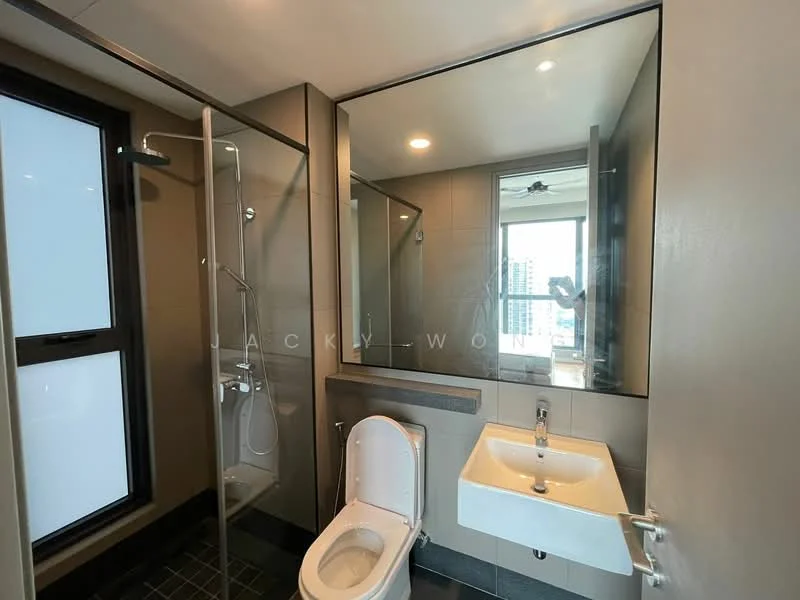 Bathroom features: walk-in shower with glass enclosure, rain shower head, handheld shower, single-sink vanity with wall-mounted cabinet, chrome basin mixer, toilet, mirror, tile flooring, dark grey wall tiles, light grey painted walls, recessed downlights; style: modern; view: city.