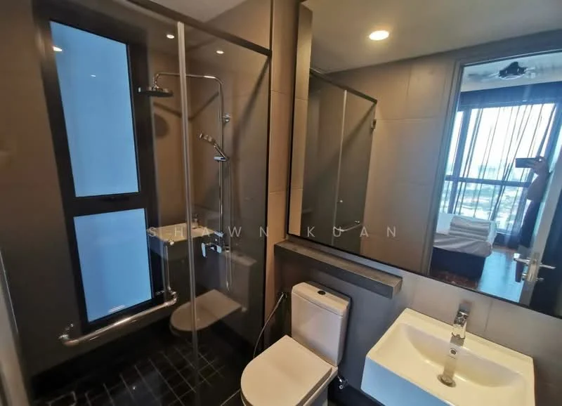 Bathroom features: glass shower enclosure, rain shower head, handheld shower, single-sink vanity with white cabinet, chrome basin mixer, one-piece toilet, black tiled flooring, grey wall tiles, large window, recessed downlights; style: modern; view: city.