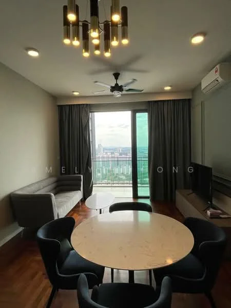 Living features: 5-blade ceiling fan with light, chandelier, floor-to-ceiling windows, sliding glass door, grey fabric sofa, round marble dining table, 4 upholstered dining chairs, wooden flooring, wall-mounted TV, TV console, curtains, decorative wall panel; style: modern; view: city.