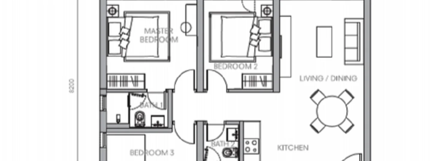 Floor plan: 3-bedroom 2-bathroom unit; features: open-plan kitchen-dining-living, master bedroom with ensuite bathroom, bedroom 2 with shared bathroom, bedroom 3, utility room, central foyer.