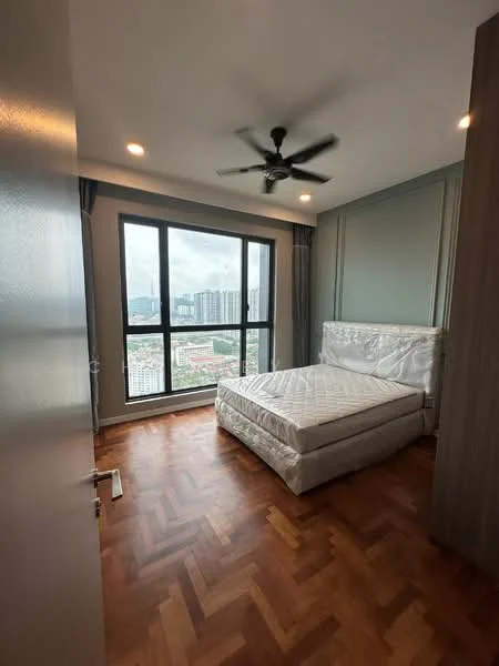 Bedroom features: queen-size bed, upholstered headboard, wooden flooring, 5-blade ceiling fan, floor-to-ceiling windows, grey curtains, decorative wall paneling, city view; style: modern; view: city.
