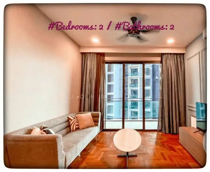 Living features: 3-seater fabric sofa in light grey, wooden coffee table, floor-to-ceiling windows, sliding glass door, curtains, ceiling fan, parquet wood flooring, wall-mounted air conditioning unit, decorative throw pillows, wall-mounted artwork; style: modern; view: city.