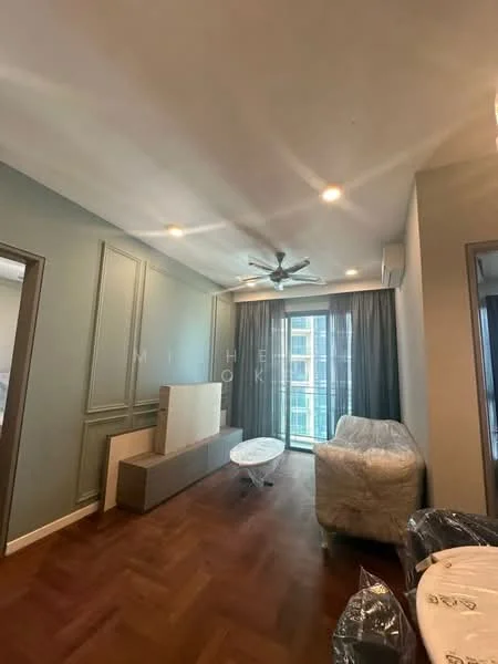 Living features: wooden flooring, grey painted walls, crown moulding, 5-blade ceiling fan with light, recessed downlights, floor-to-ceiling windows, sliding glass door, sheer curtains, white coffee table, beige sofa with protective covering, decorative wall paneling; style: modern; view: city.