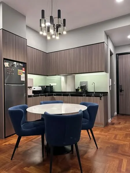 Kitchen features: dark wood cabinetry, white marble countertop, stainless-steel fridge, built-in microwave, black sink, chrome pull-down faucet, glass backsplash, pendant lighting, round dining table, upholstered blue dining chairs, wood parquet flooring, recessed lighting; style: modern.