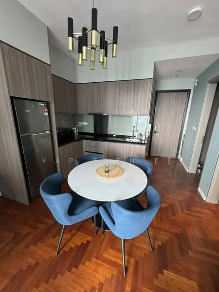 Dining features: round marble dining table, 4 upholstered dining chairs in blue, wooden herringbone flooring, built-in cabinetry with dark wood finish, black countertop, stainless-steel fridge, kitchen area with glass backsplash, pendant lighting fixture with gold accents, floor-to-ceiling windows, open layout to kitchen, neutral wall color; style: modern; view: city.