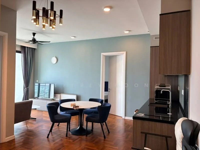 Living features: wooden herringbone flooring, light blue painted walls, ceiling fan with light, chandelier with multiple bulbs, floor-to-ceiling windows, grey curtains, white wall clock, TV console, round dining table, 4 upholstered dining chairs in navy blue, kitchen countertop with dark finish, built-in kitchen cabinetry; style: modern; view: city.